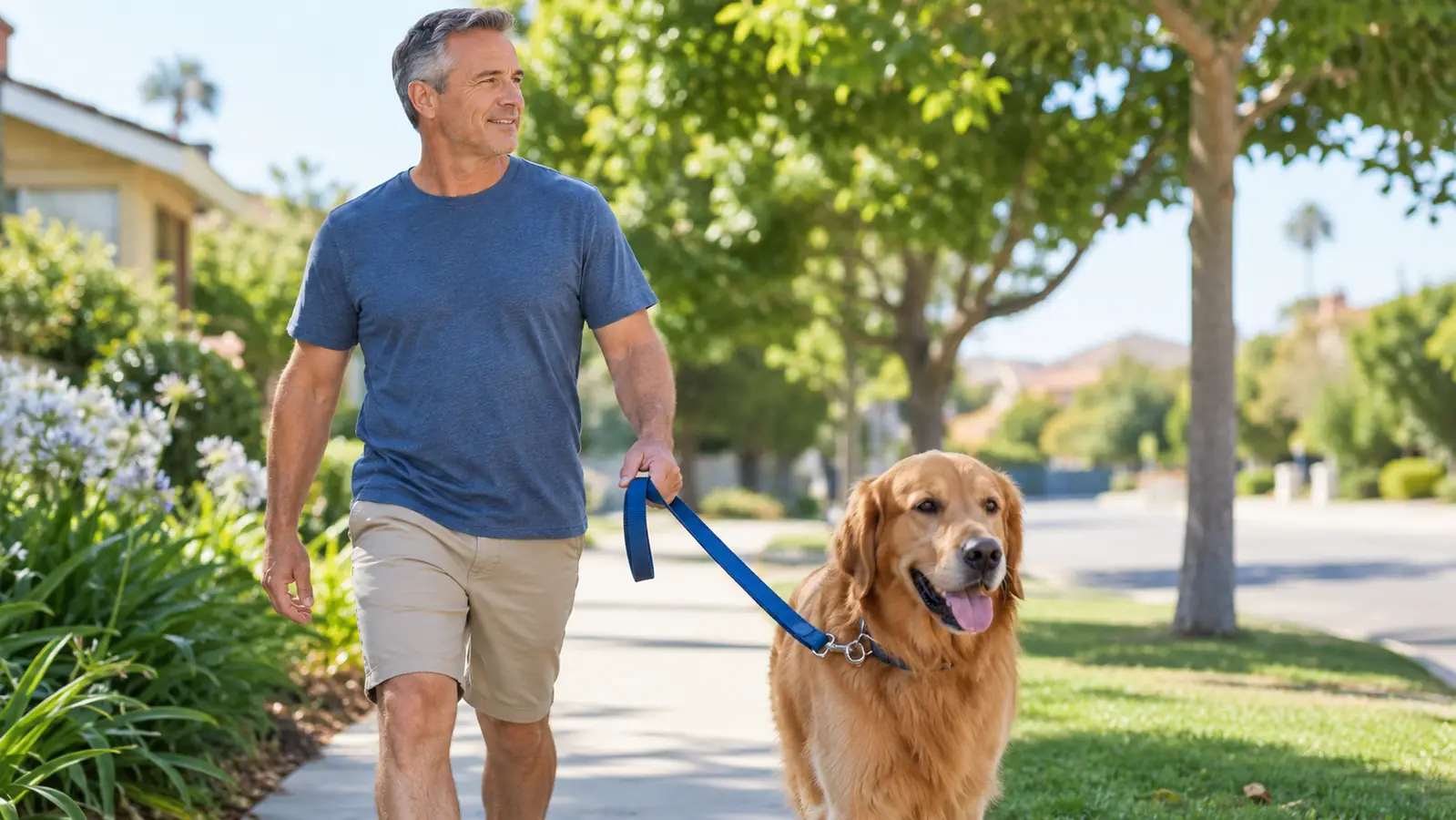 A hand holding a fixed 6 foot leash with a padded handle while a dog walks beside the person