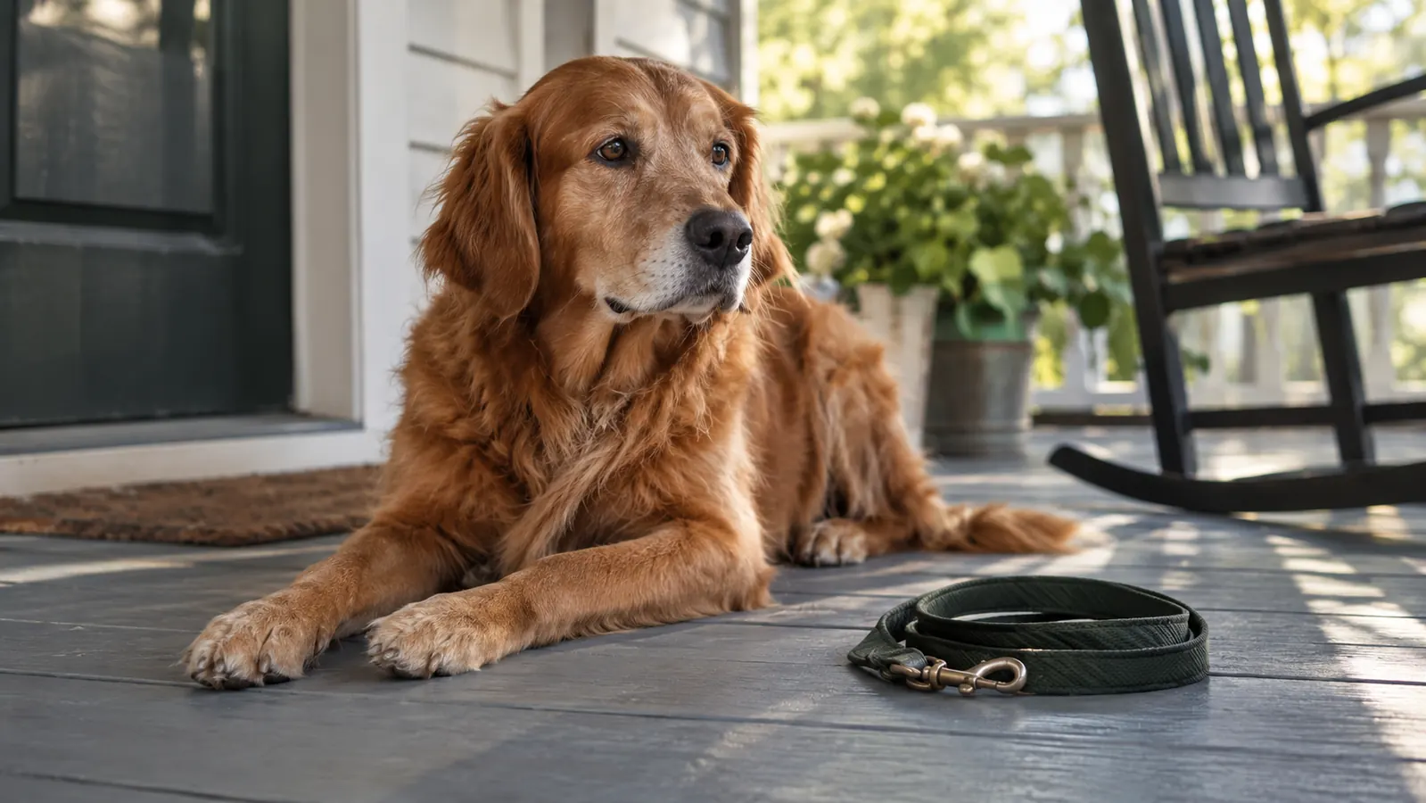 A dog lying on a porch with a fixed leash coiled neatly beside it