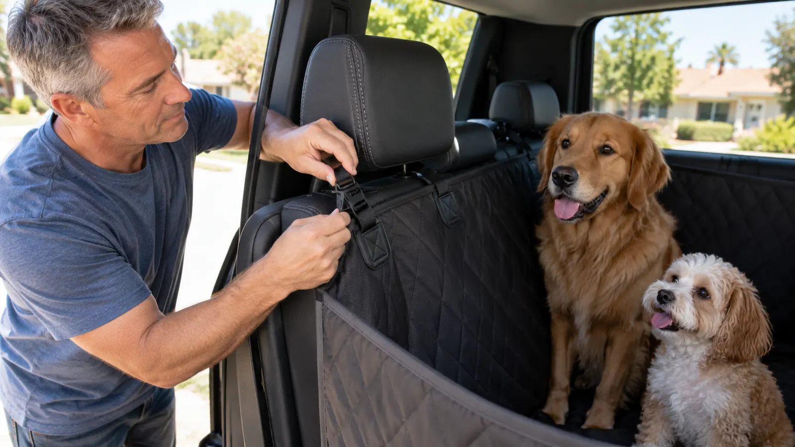A hand fastening a quick release strap of the seat cover to a headrest in the back seat of a truck