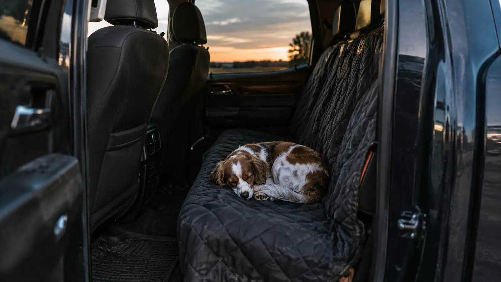 A small dog curled up asleep on the seat cover in the back seat of a truck, seen through the open rear door