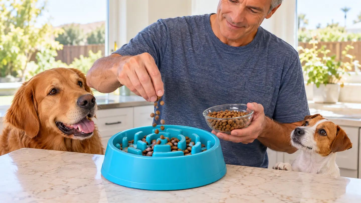 Close-up of a hand sprinkling kibble into a slow feeder bowl with ridges
