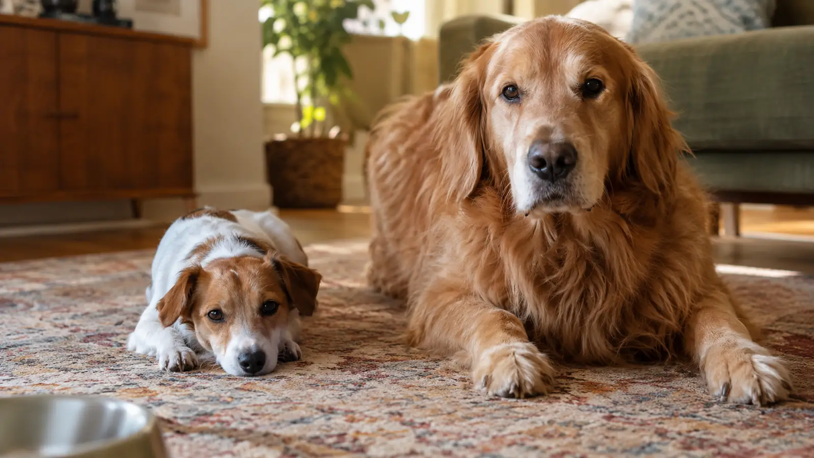 Two dogs resting on a rug after a meal