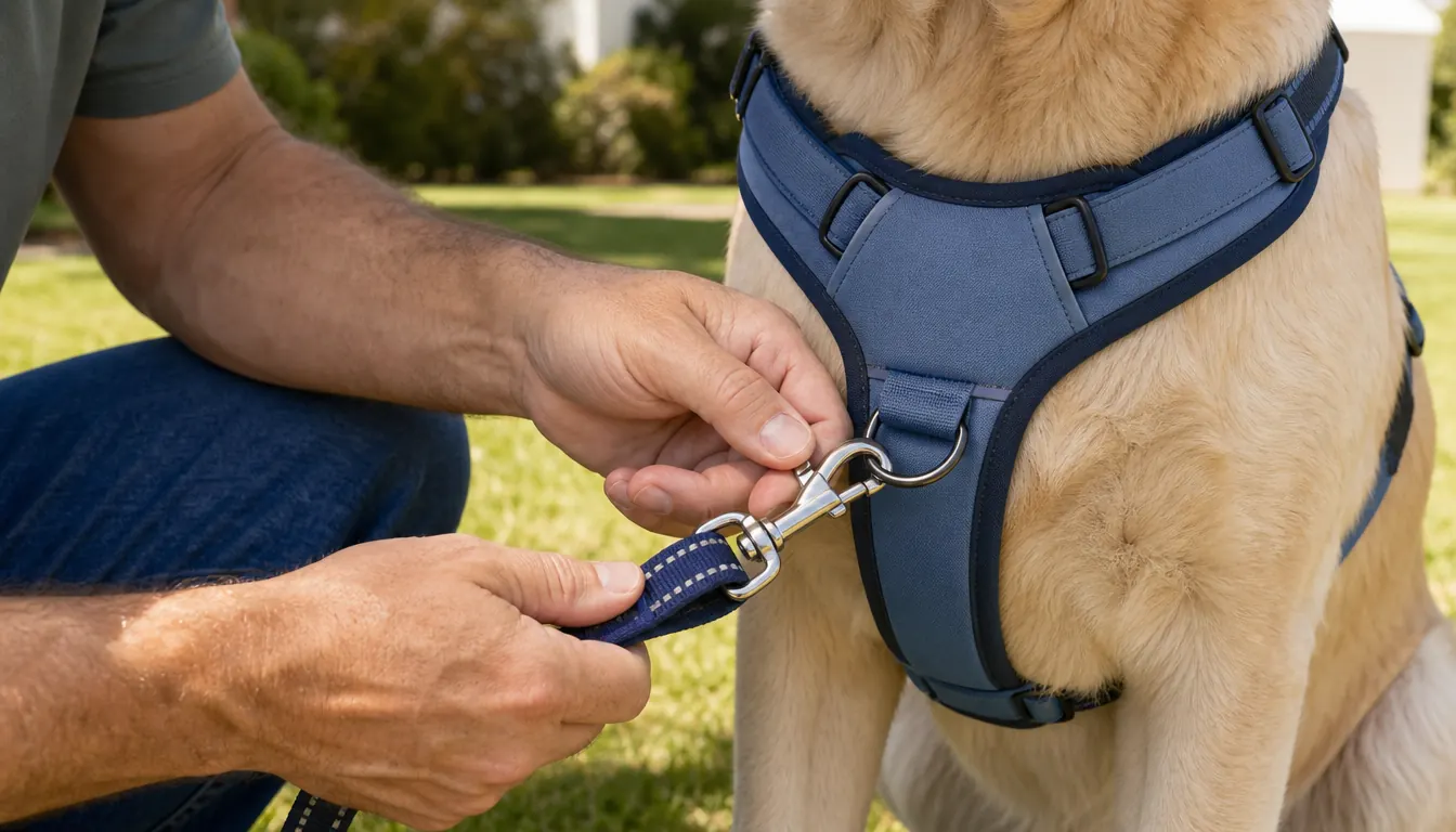 close view of a person's hand clipping a leash to the front ring of a dog harness at the dog's chest