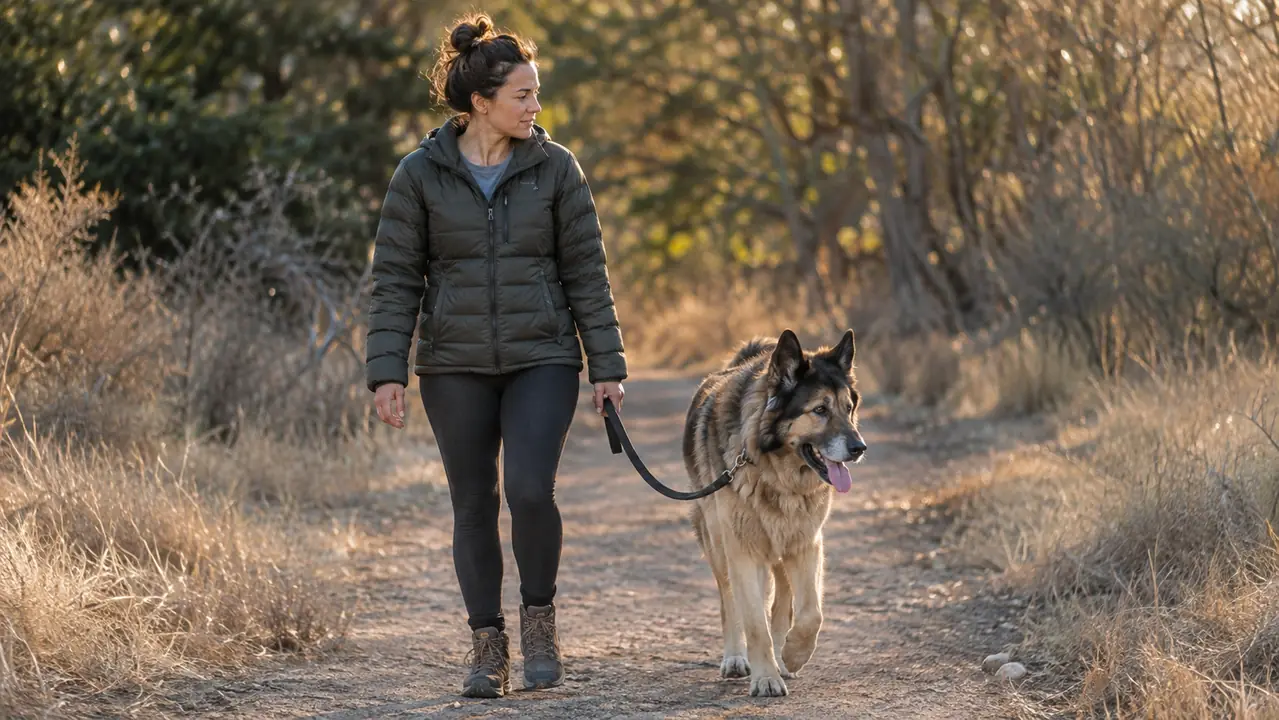 a person walking a large dog on a quiet trail, the dog staying close on a loose leash