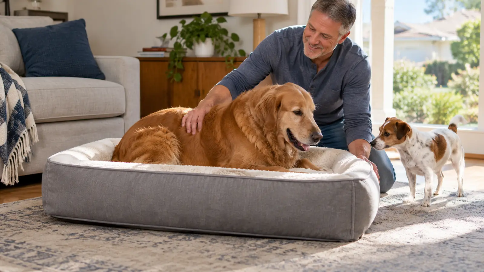 A dog settling down onto the orthopedic bed, viewed from the side