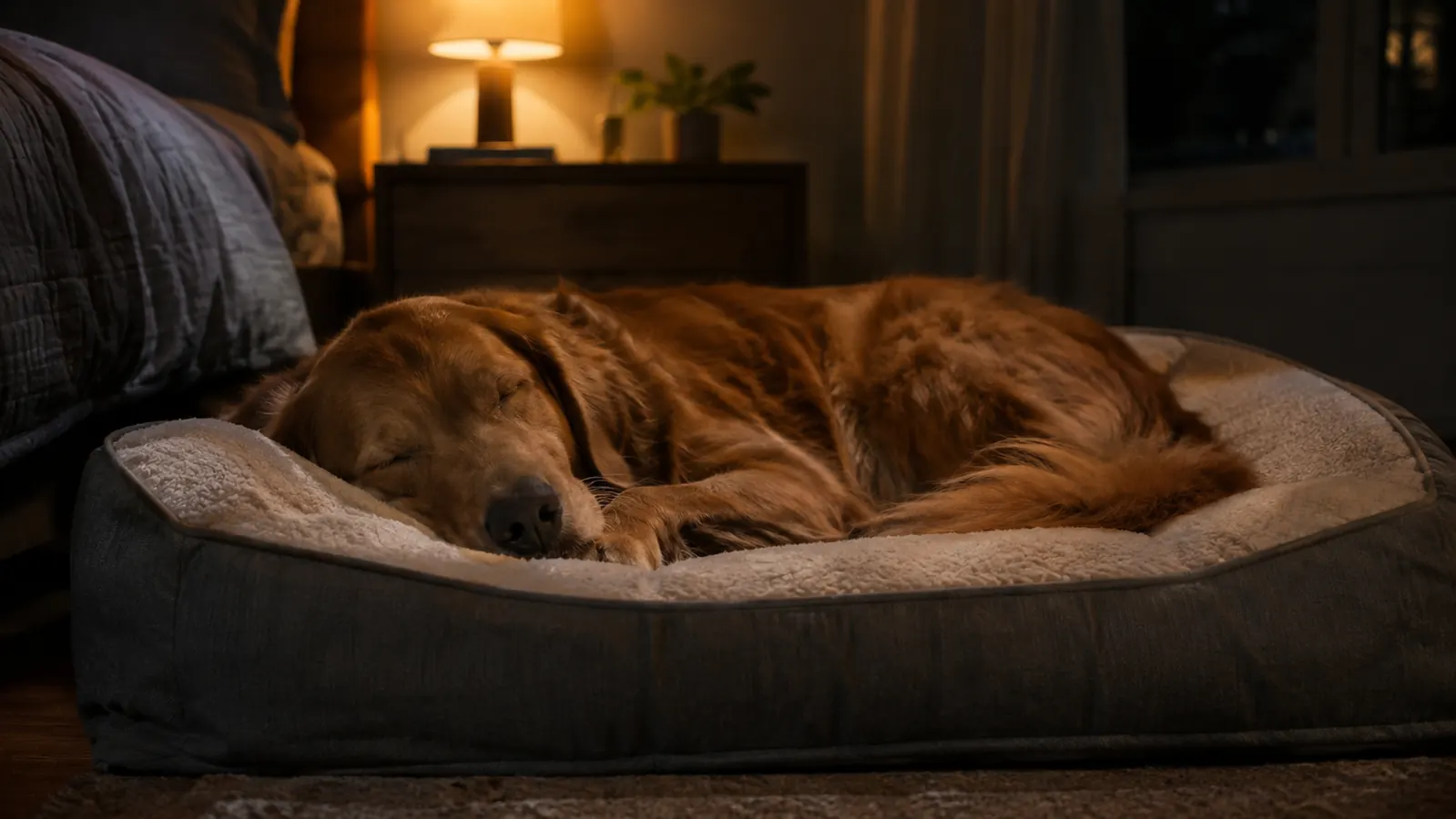 A large dog sleeping deeply on the orthopedic bed at night in low warm light