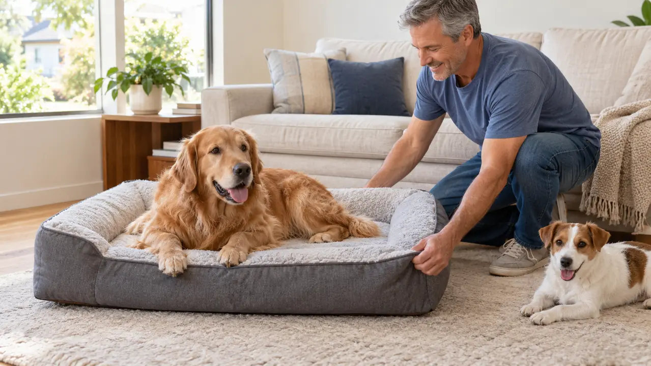 A dog resting on an orthopedic bed while a hand adjusts the edge of the bed