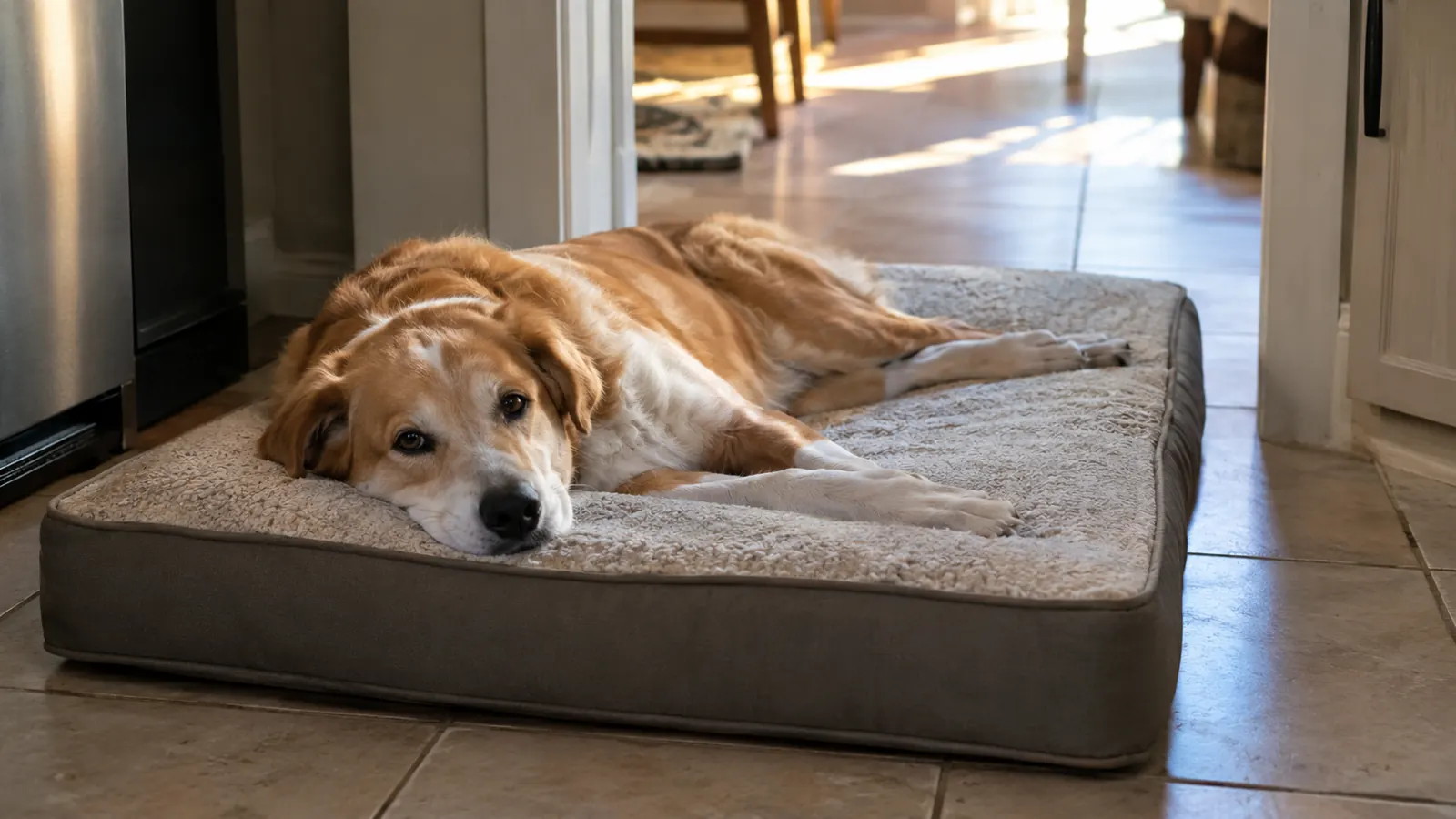 A dog stretched out on a washable orthopedic bed in a kitchen doorway