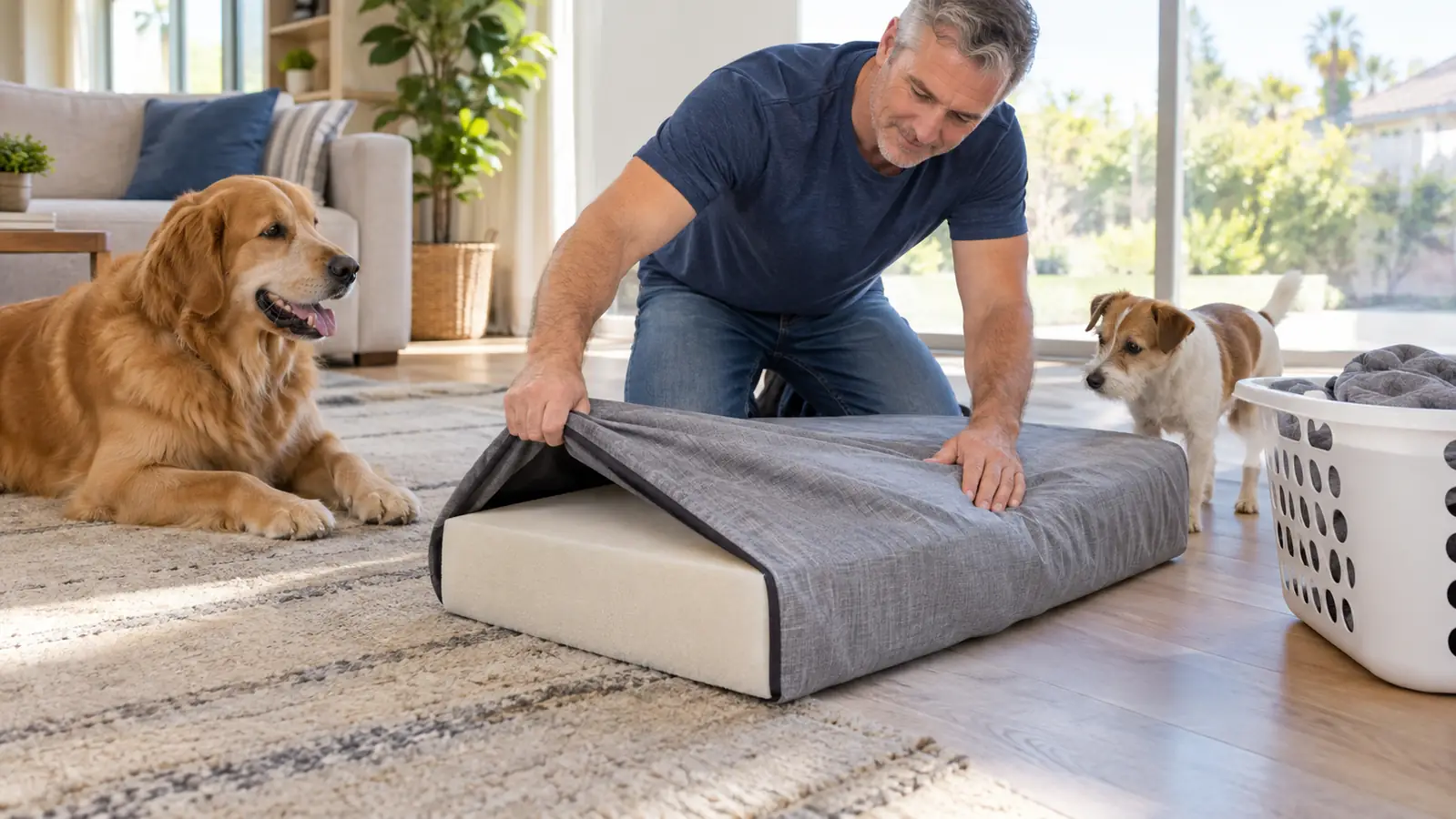 a hand smoothing the washable cover back over the foam base of the bed