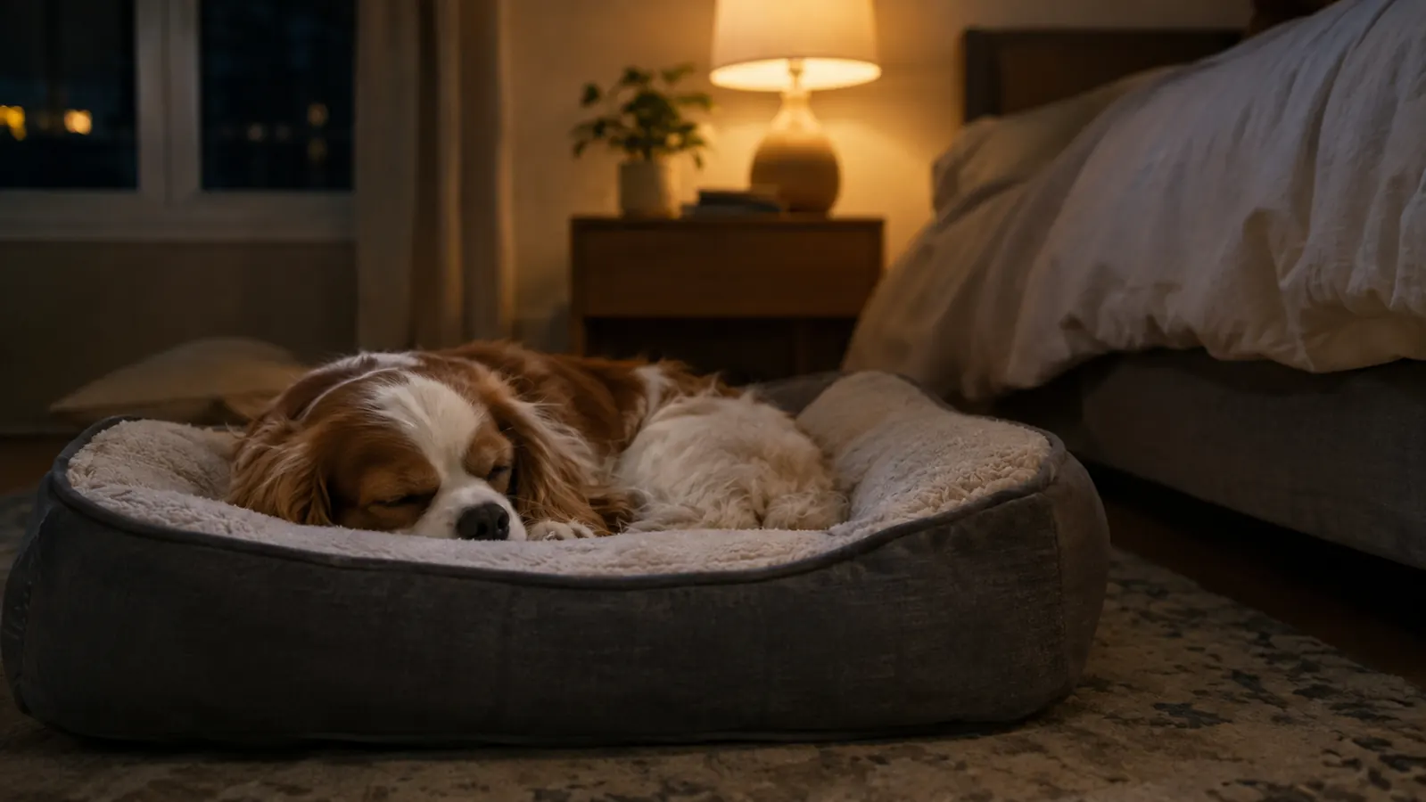 a small dog asleep on the dog bed at night in a dimly lit room