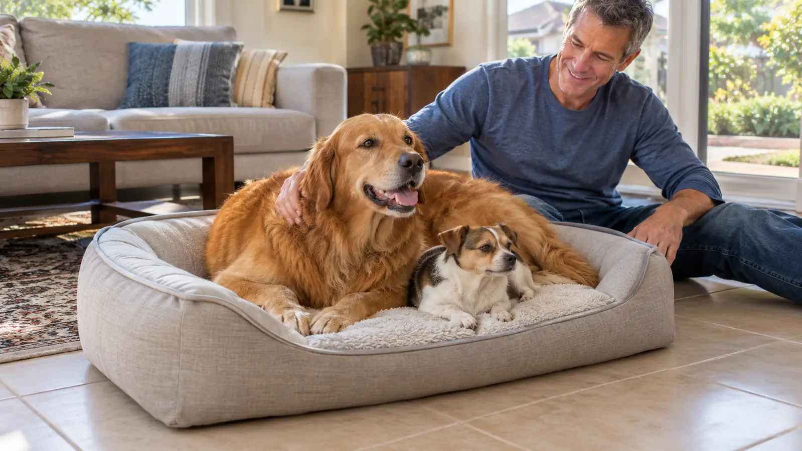 A dog resting on an orthopedic dog bed with a removable cover, the bed sitting on a tile floor in a living room
