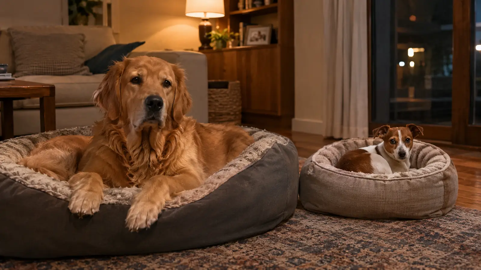 A large dog and a small dog settled on two separate dog beds in a living room at evening