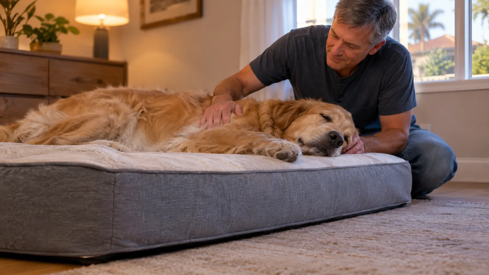 A dog lying on its side on an orthopedic dog bed with a washable cover