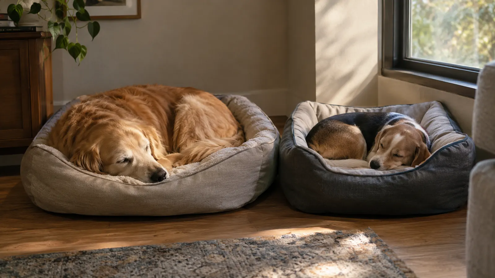 Two dogs resting on two different dog beds placed side by side in a living room