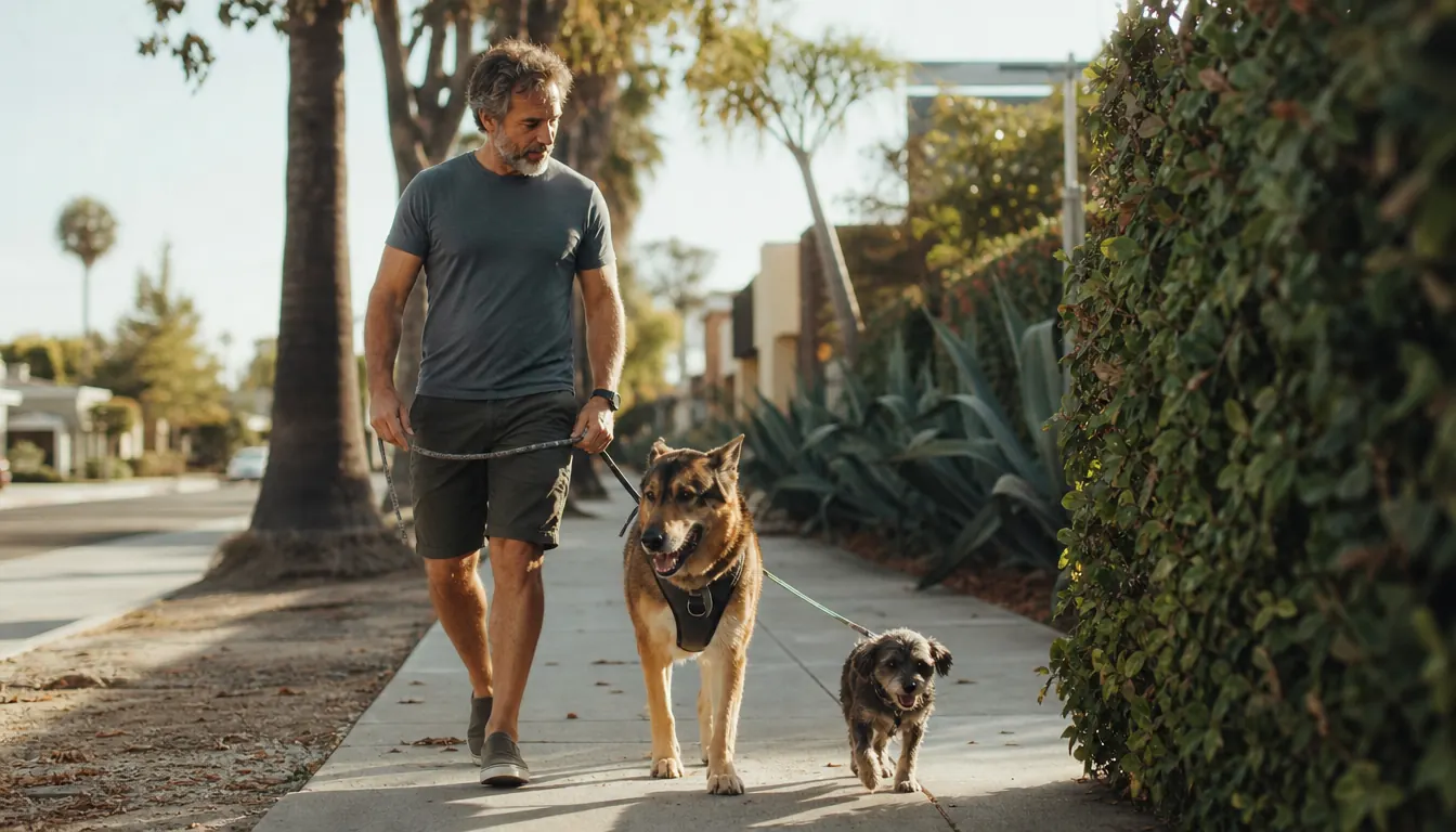 A large dog in a harness and a small older dog walking on leashes along a quiet neighborhood sidewalk in the morning