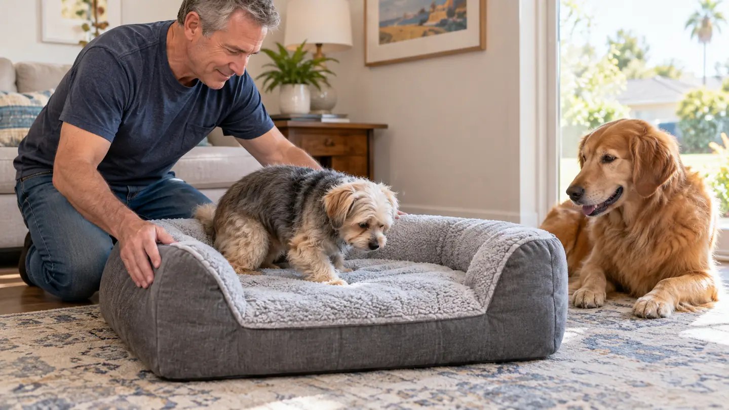 An older small dog settling onto a large orthopedic dog bed with raised edges