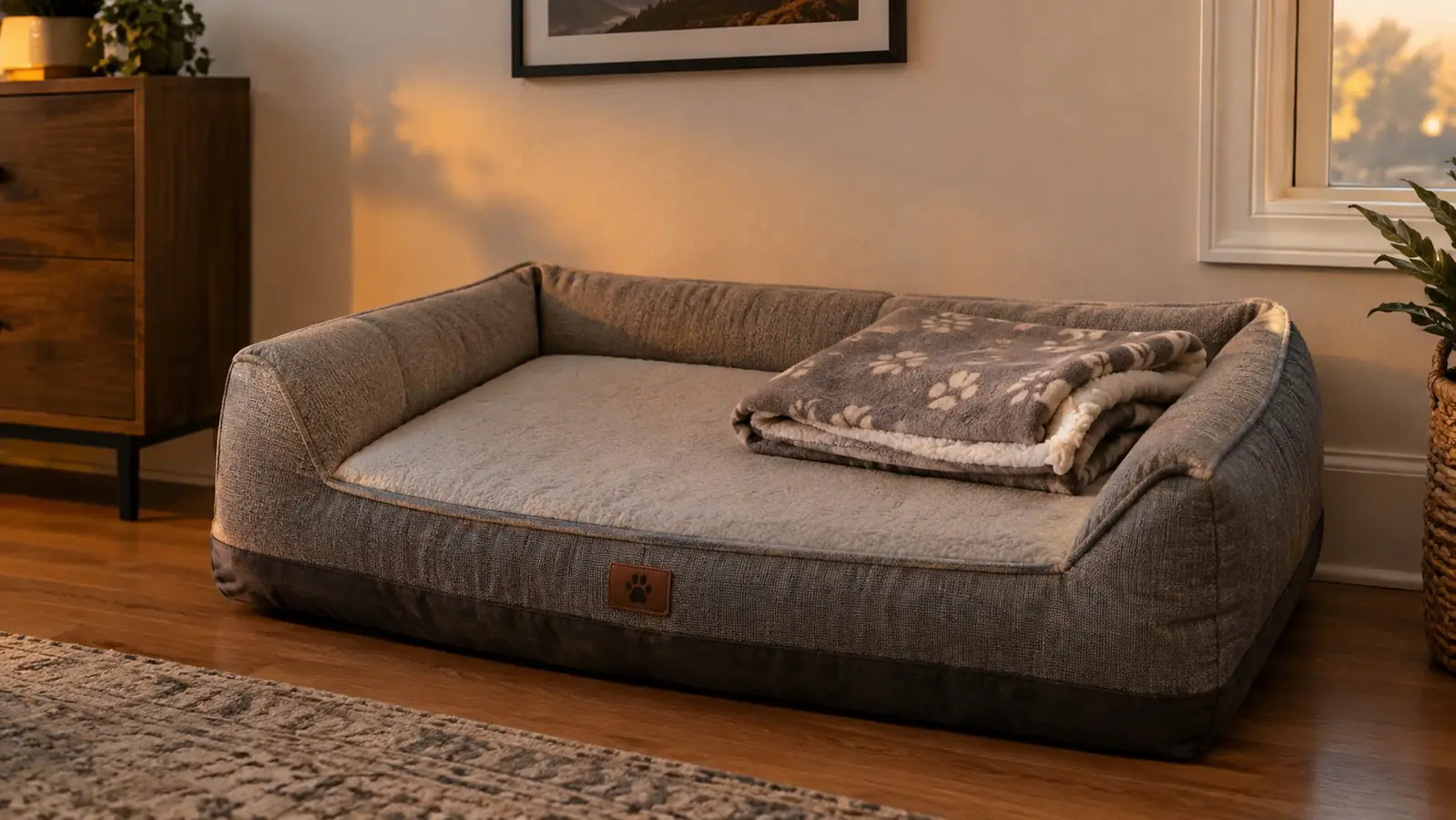 A large orthopedic dog bed with a washable cover placed against a wall in a home