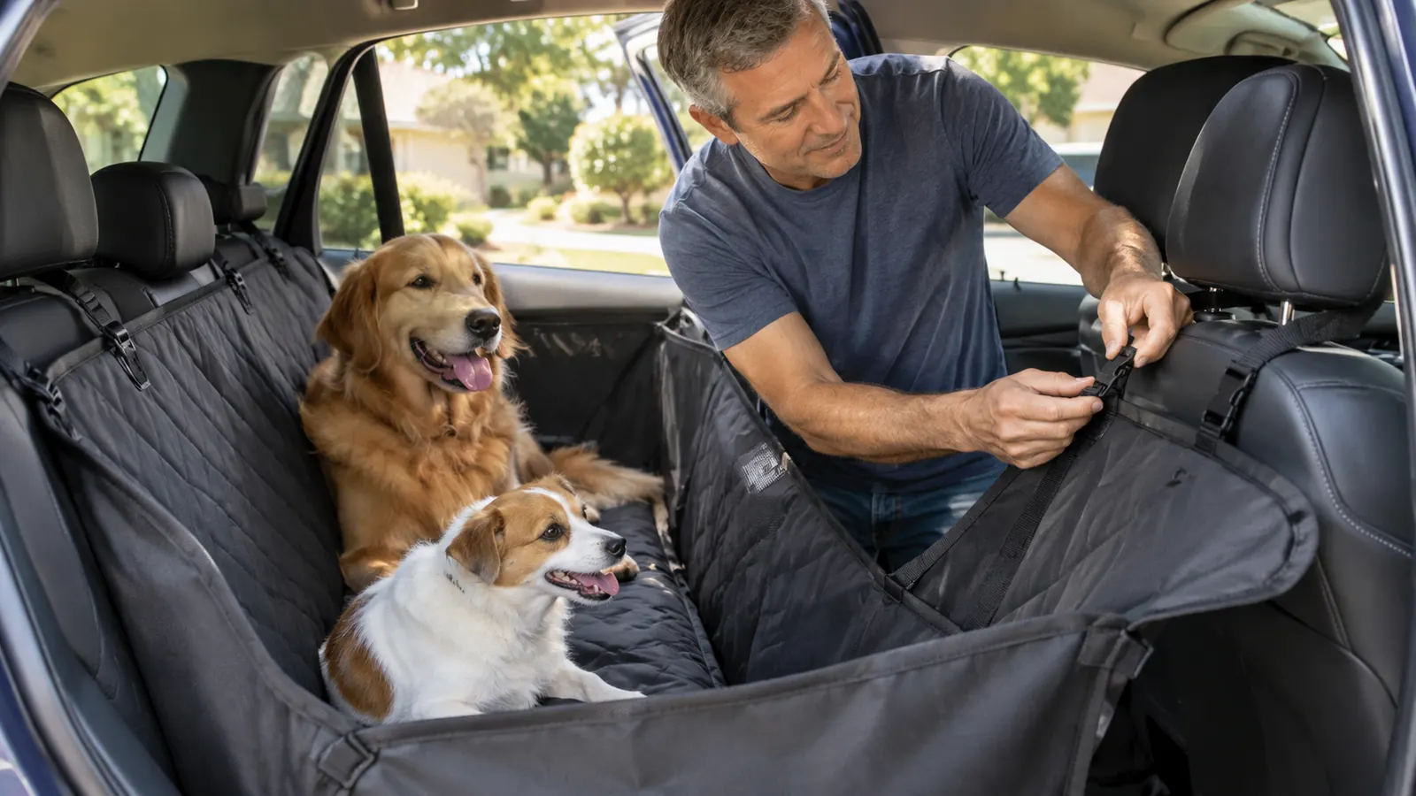 Hands adjusting a strap on a dog hammock seat cover