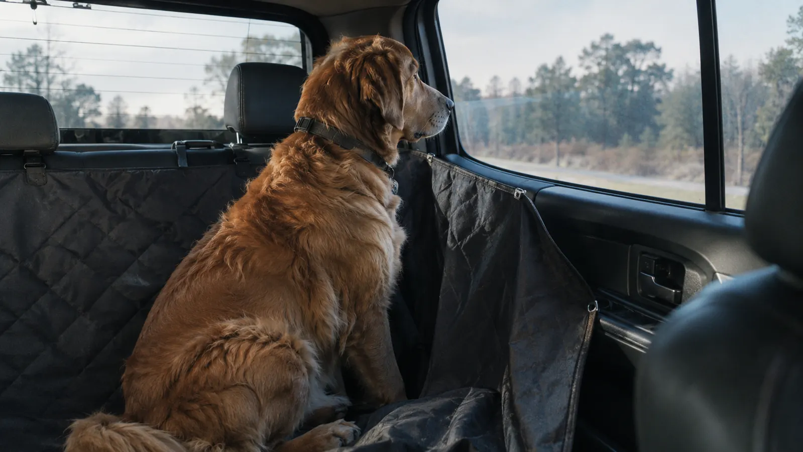 A large dog sitting calmly on a hammock seat cover in a pickup truck back seat