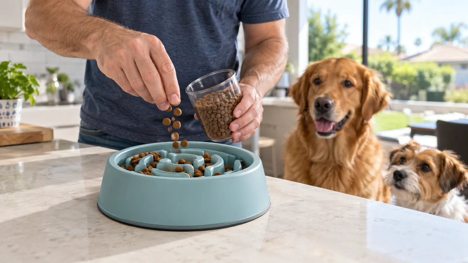 A hand sprinkling kibble into a ridged slow feeder bowl on a kitchen counter, notch pattern visible