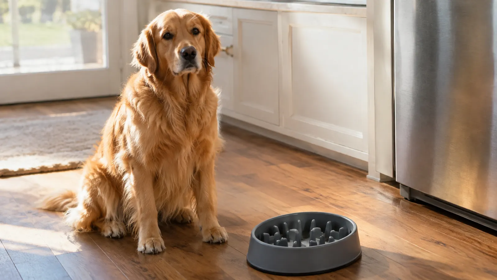 A dog sitting calmly next to an empty ridged slow feeder bowl after finishing a meal