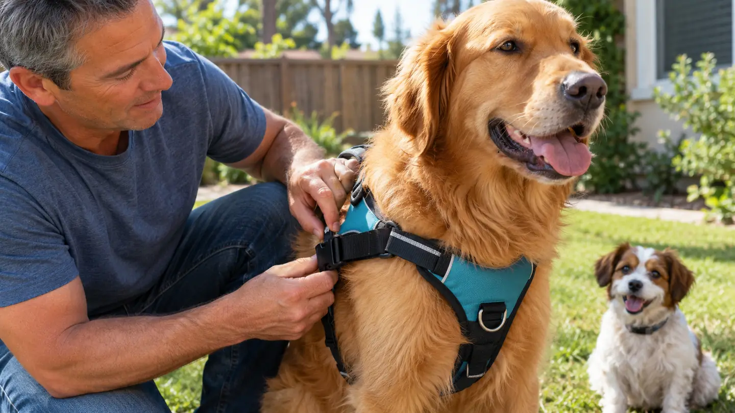 A hand adjusting the strap of the harness on the dog's chest