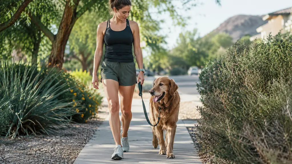A large dog walking calmly on a loose leash down a quiet residential sidewalk with desert landscaping