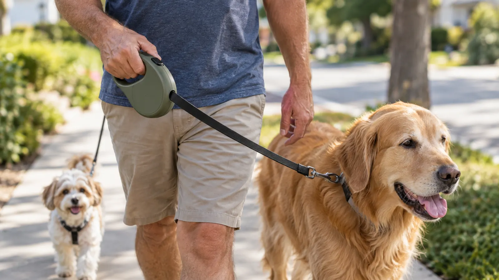 A hand gripping a wide leash while a large dog walks calmly at the walker's side