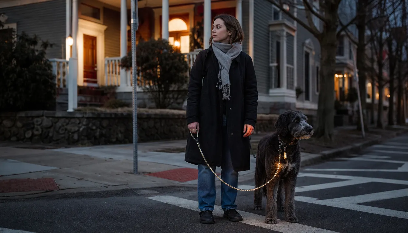 A person standing with a large dog at a crosswalk in the evening, porch lights glowing behind them