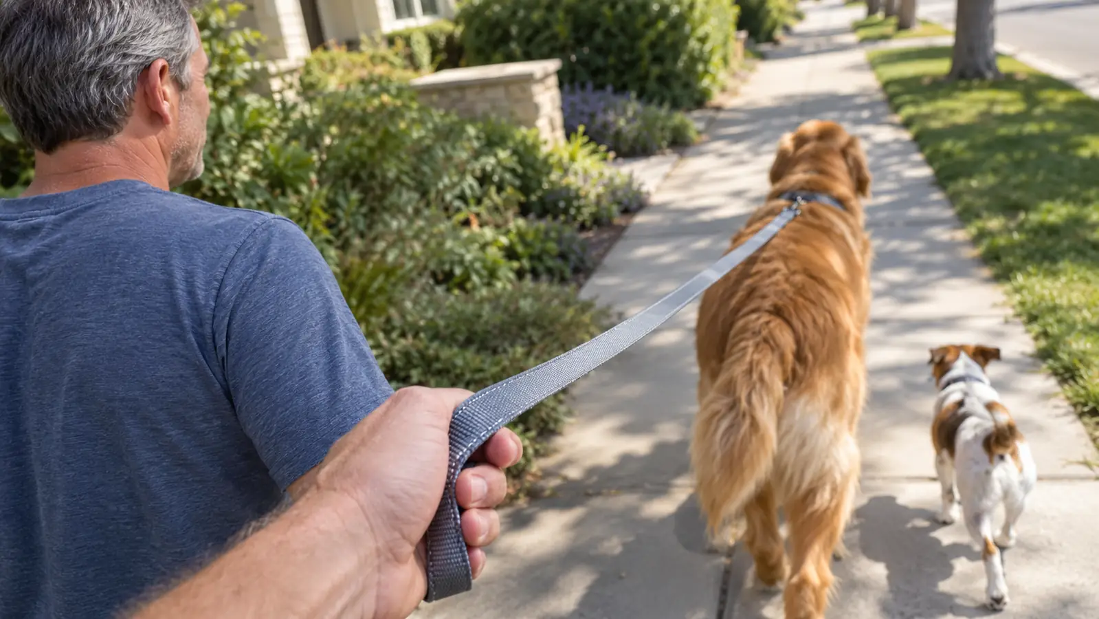 Close view of a hand gripping a padded handle of a reflective leash while a large dog walks ahead
