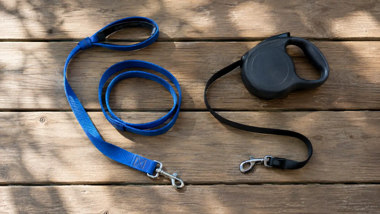 Two leashes laid side by side on a wooden porch: a coiled nylon 6 foot leash and a retractable leash with a plastic handle