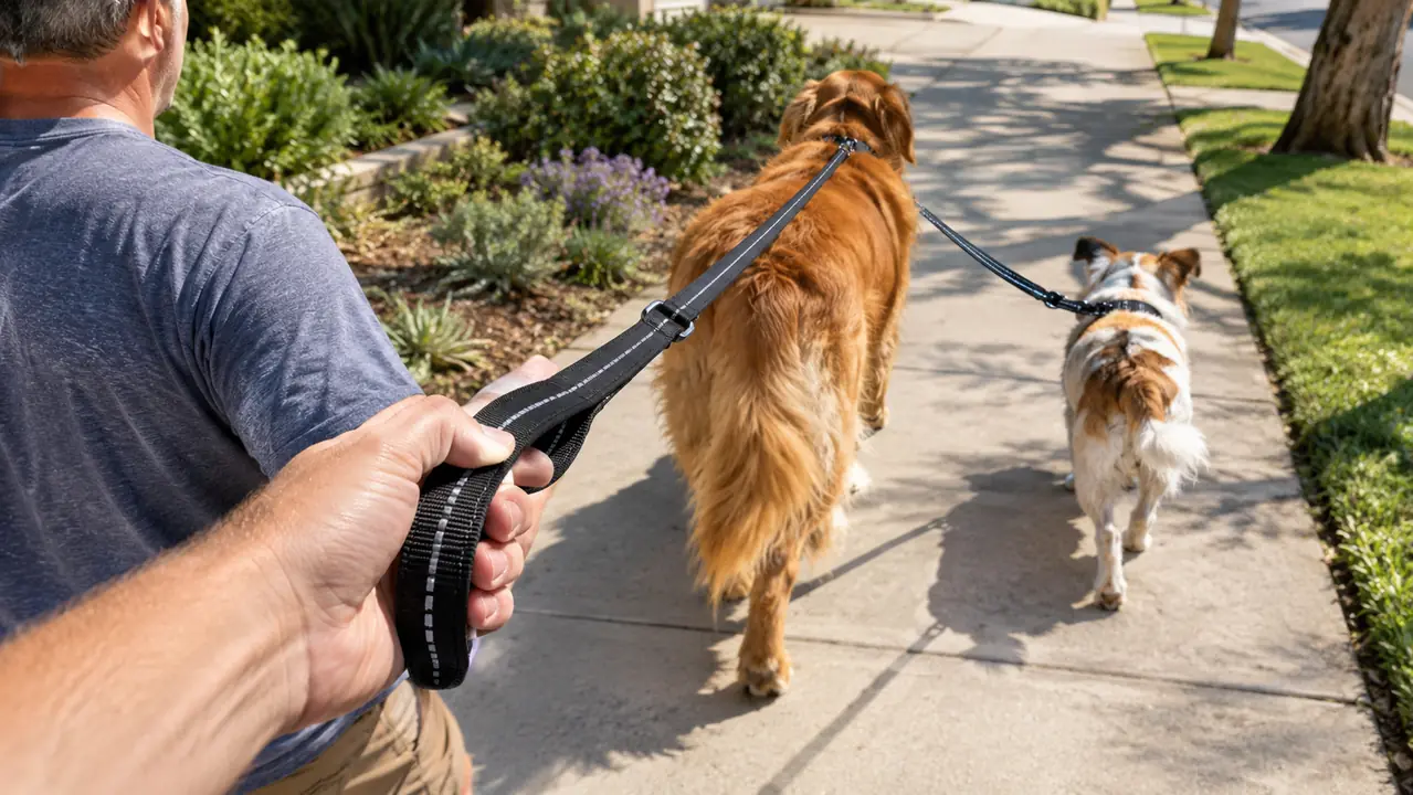 A hand holding a reflective Joytale leash while a dog walks ahead on a sidewalk