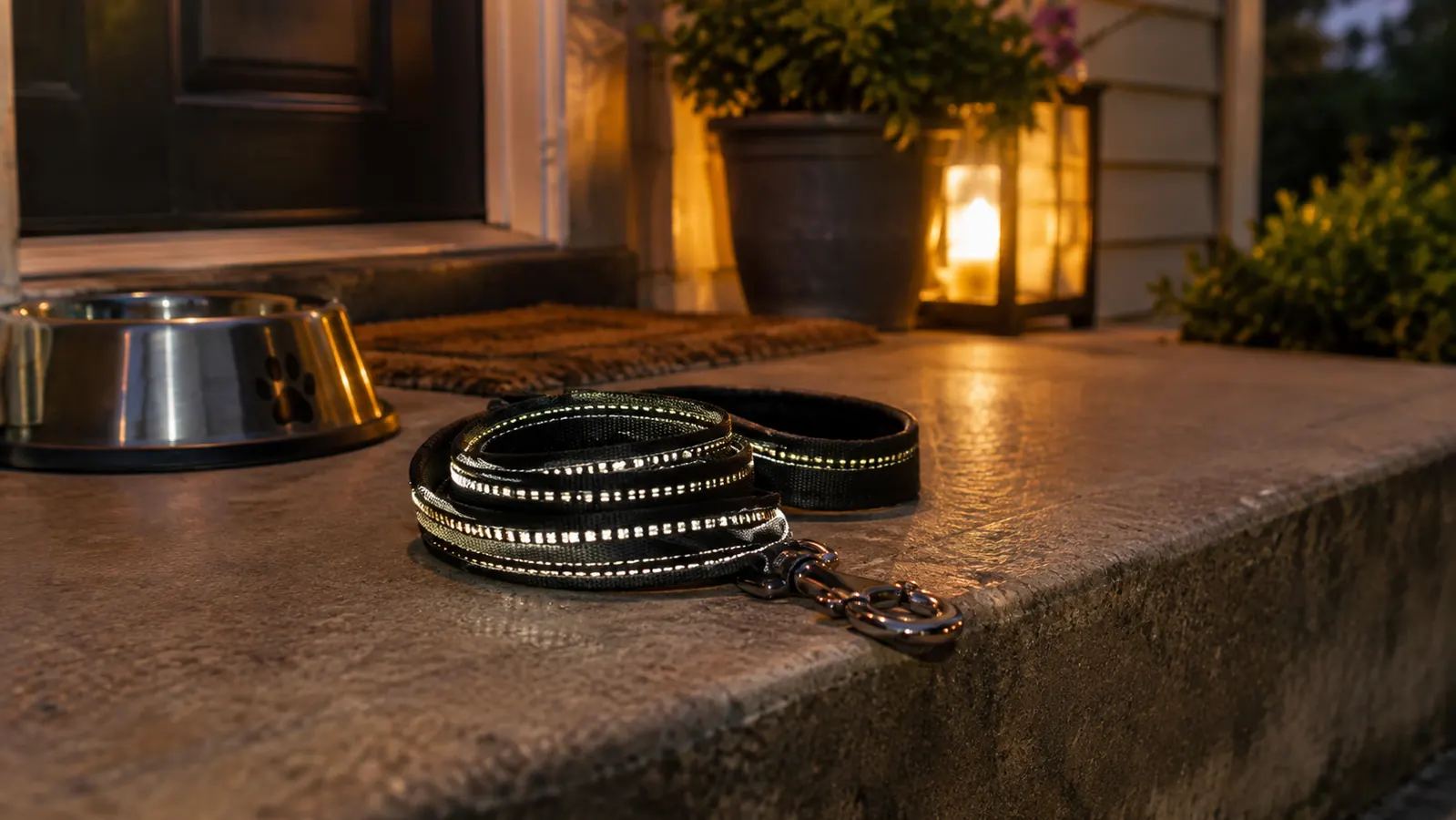 A reflective leash lying on a porch step in the evening with a dog bowl nearby