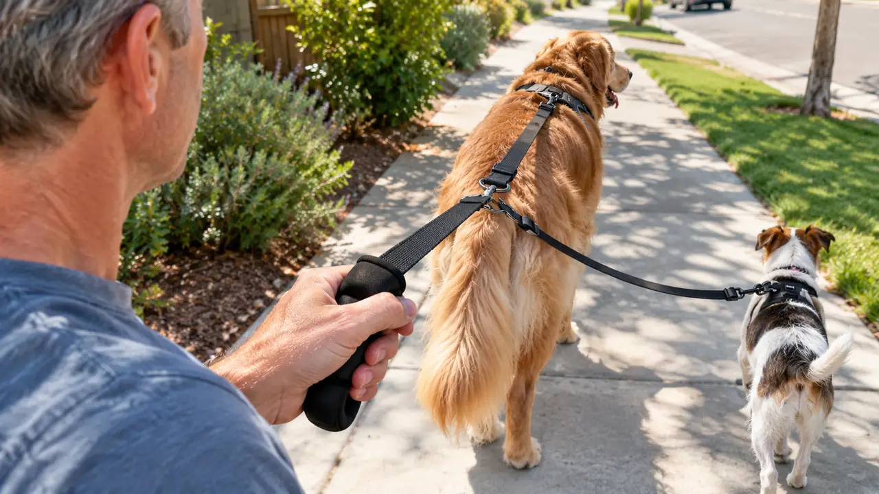 A hand gripping the padded handle of a reflective leash while a large dog walks ahead