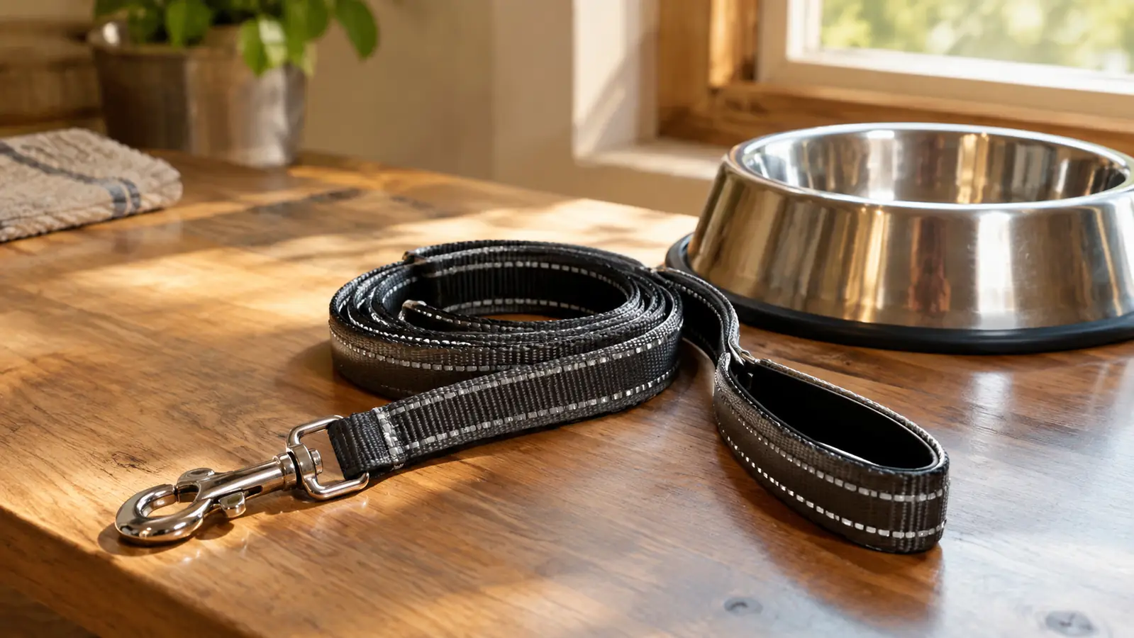 A reflective leash coiled on a wooden table beside a stainless dog bowl in morning light