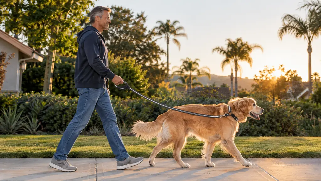Close-up of a person's hand holding a leash attached to a dog's collar, with the dog walking ahead on a sidewalk.
