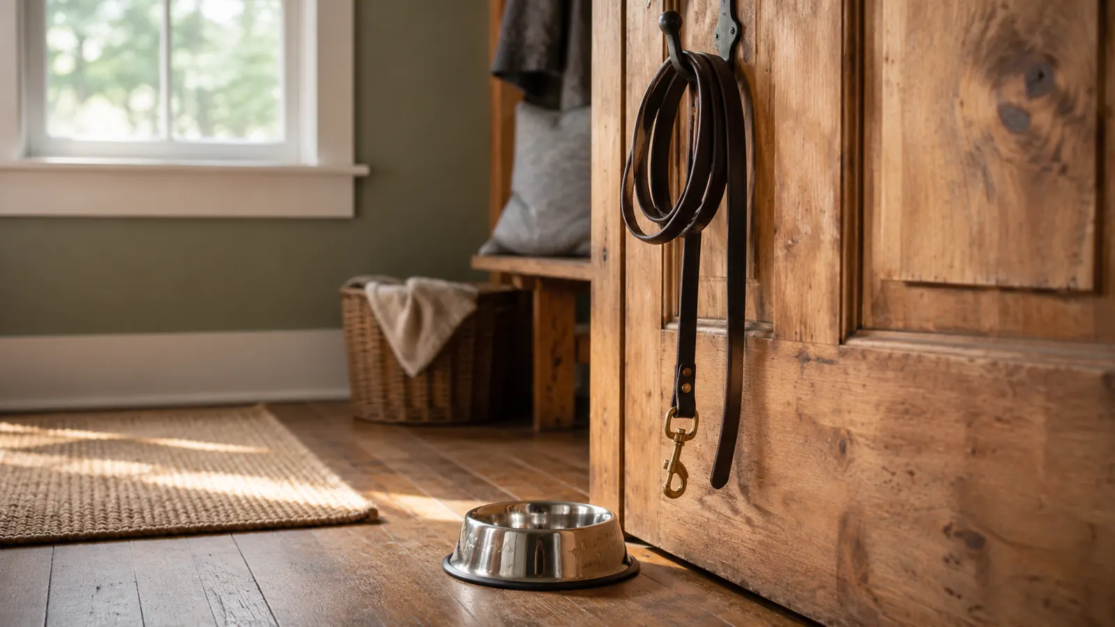 A leash hung on a hook by a back door, with a water bowl on the floor beside it in soft morning light.