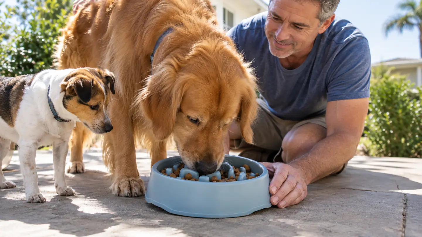 Close-up of a dog's head working food out of a slow feeder bowl