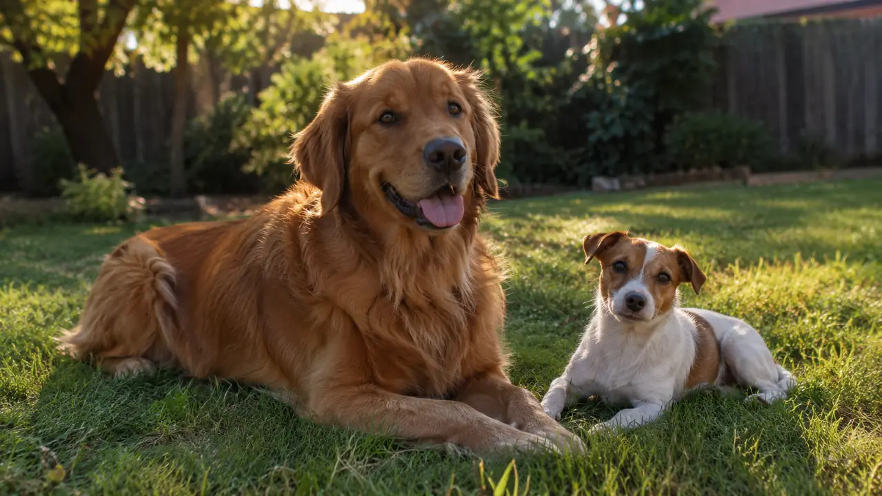 Two dogs in a backyard, one large and one small, resting on the grass