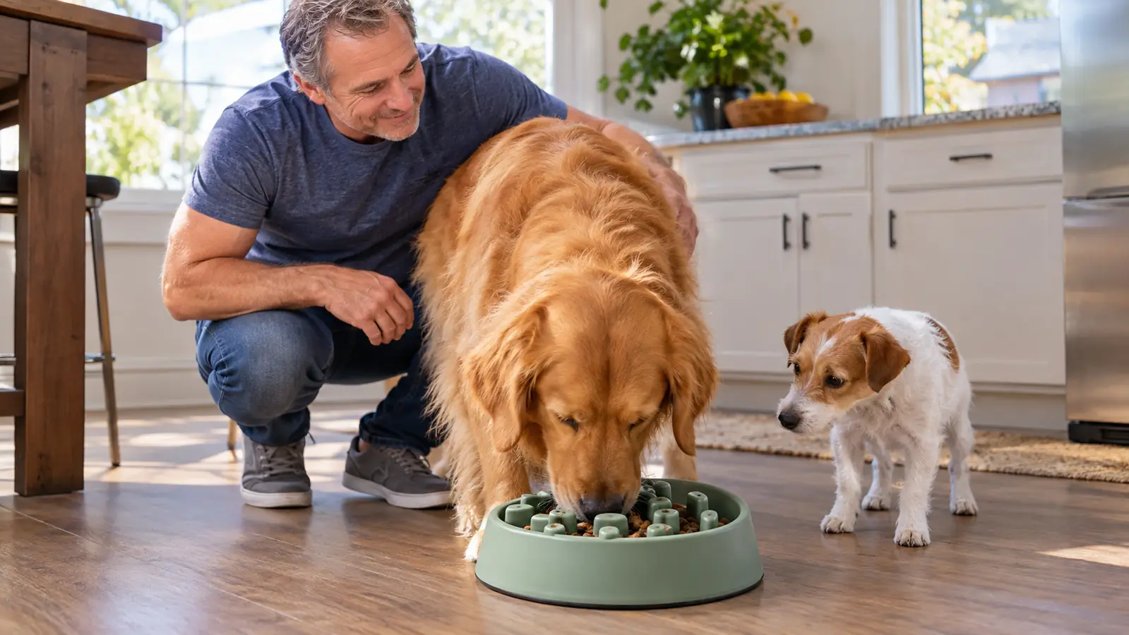 A dog lowering its head to eat from a slow feeder bowl at mealtime