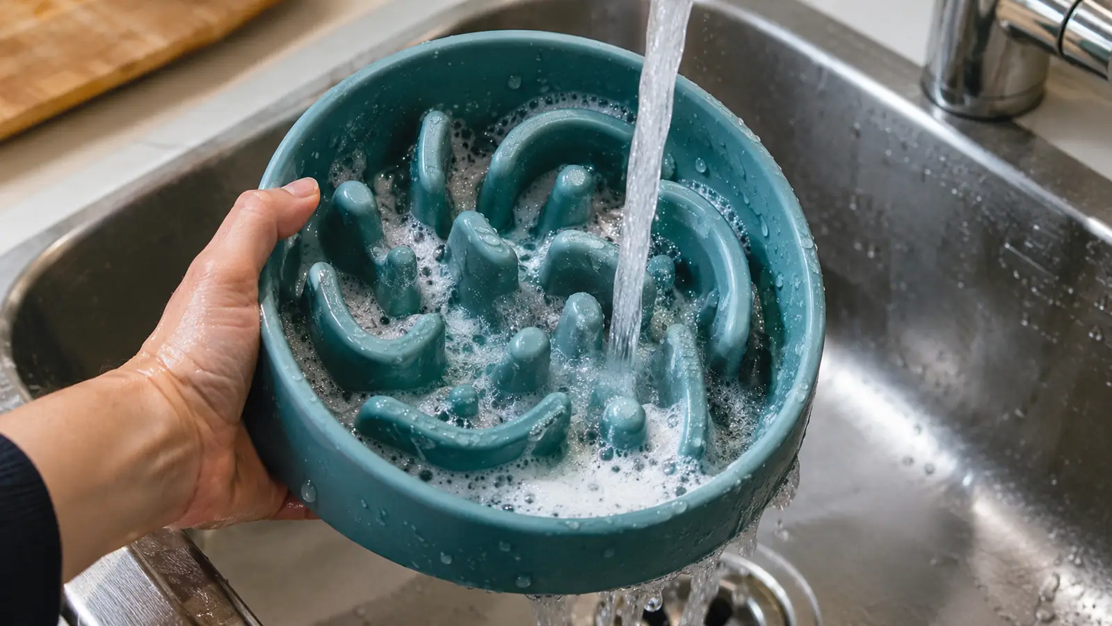A hand rinsing a slow feeder bowl under a kitchen faucet, showing the grooves