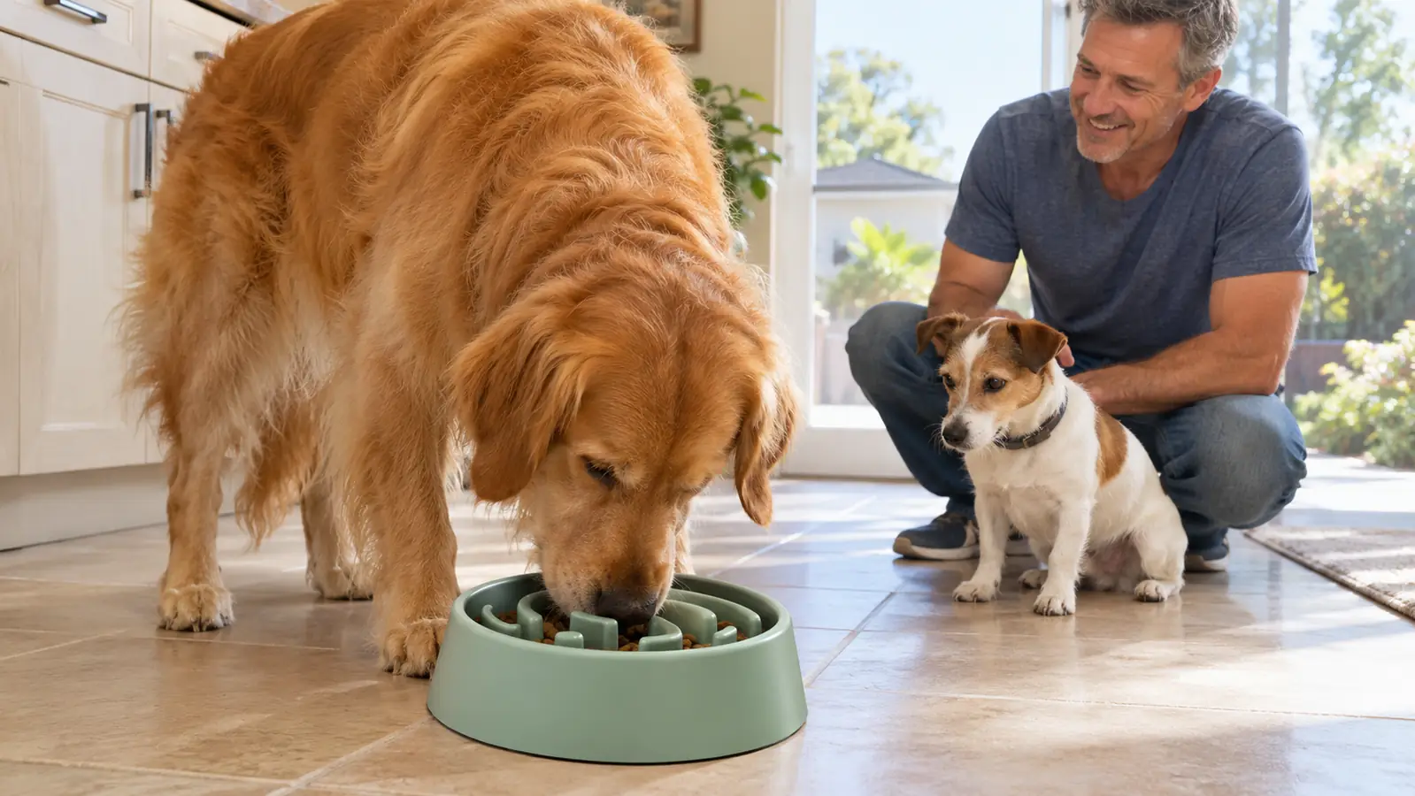 A dog lowering its head to a ridged slow feeder bowl, nose working the channels
