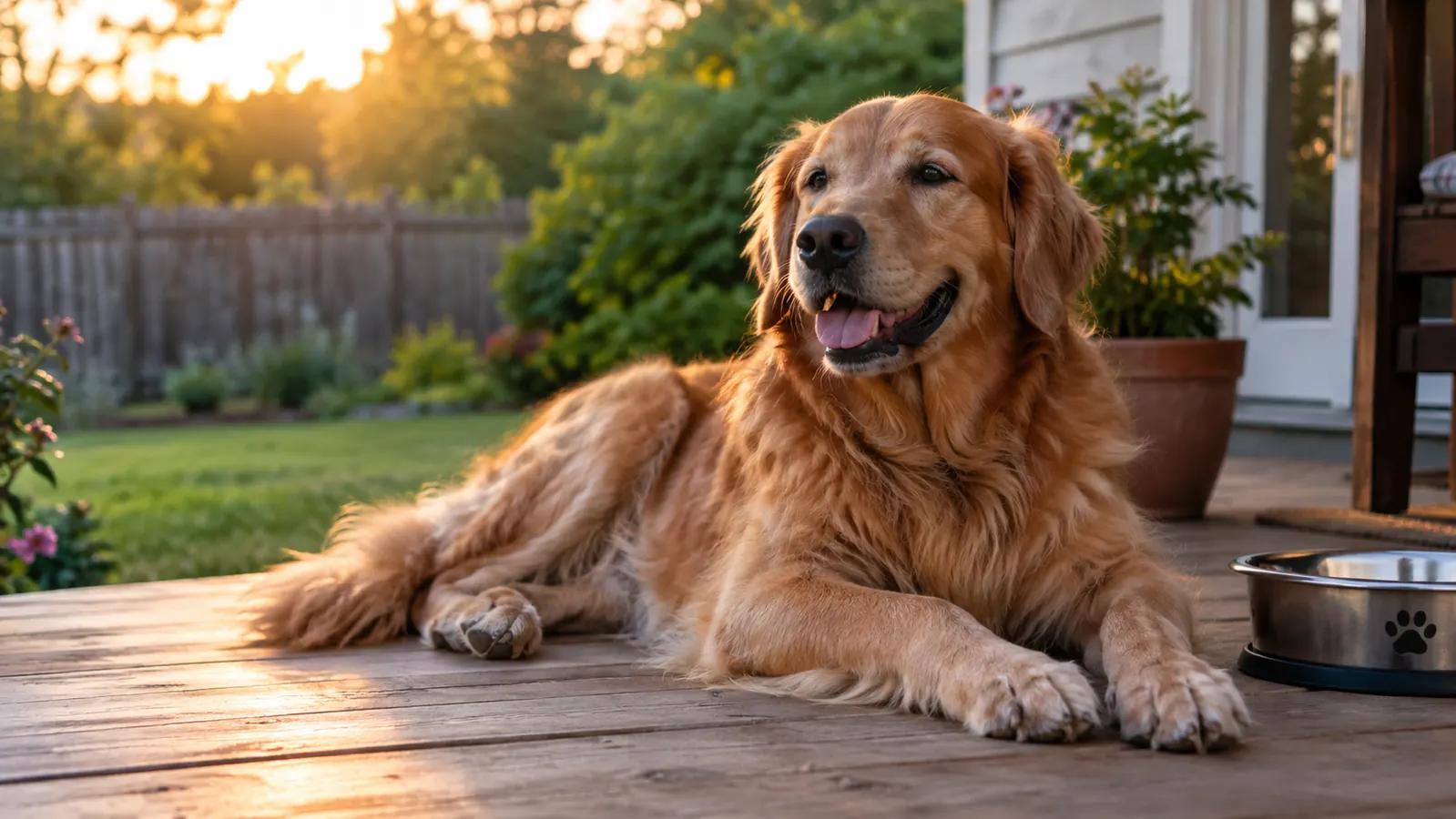 A dog lying calmly on a porch in the late afternoon after finishing a meal