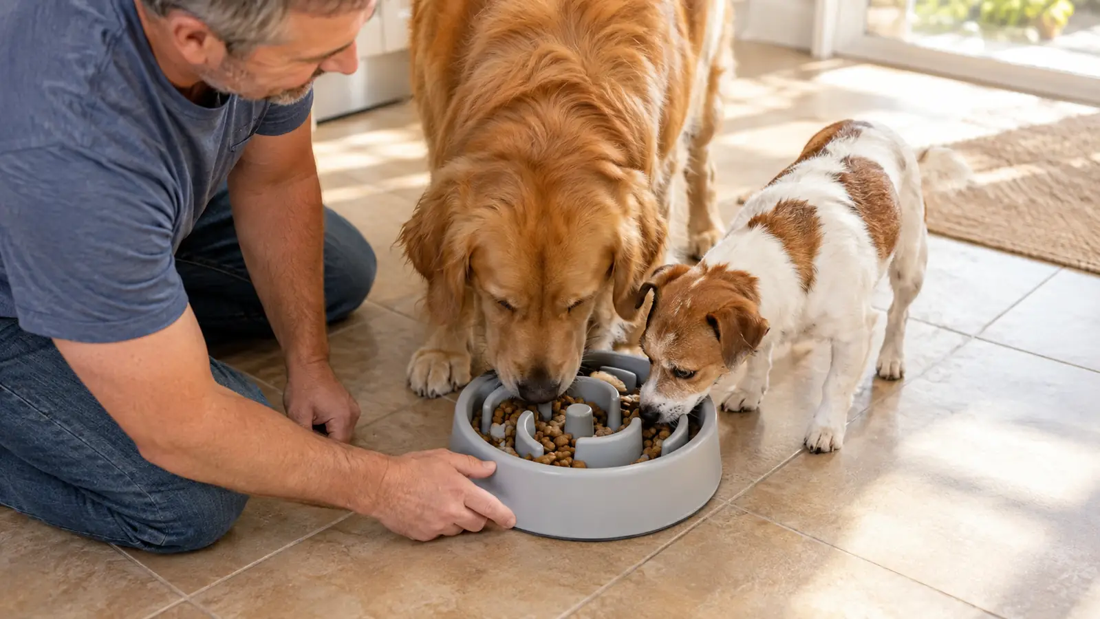 A dog working food out of a maze-style slow feeder bowl on a kitchen floor