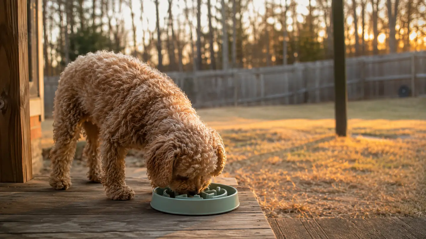 A small dog eating calmly from a slow feeder bowl on a back porch