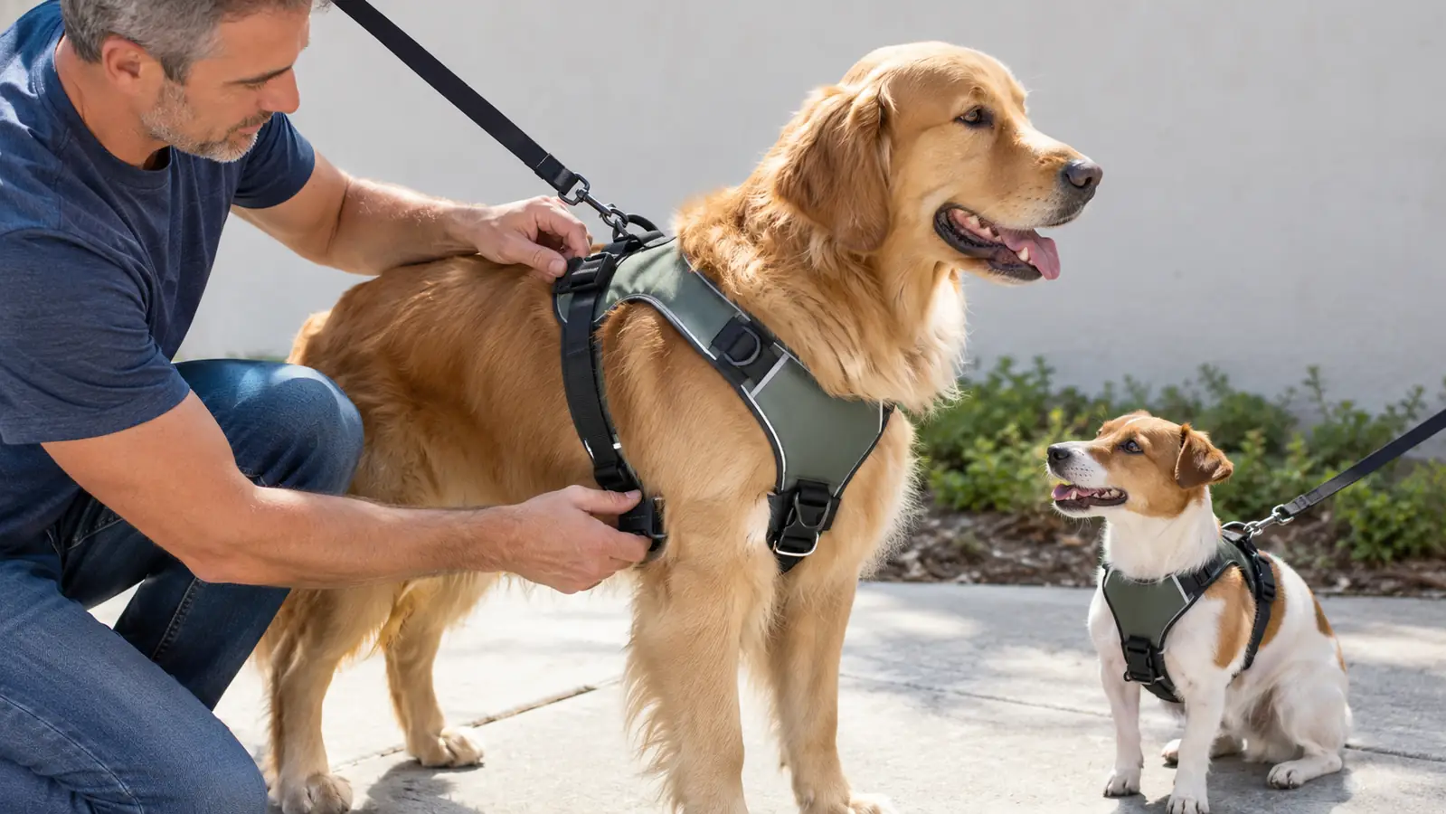 A person fastening a no-pull harness on a large dog standing still on a sidewalk.