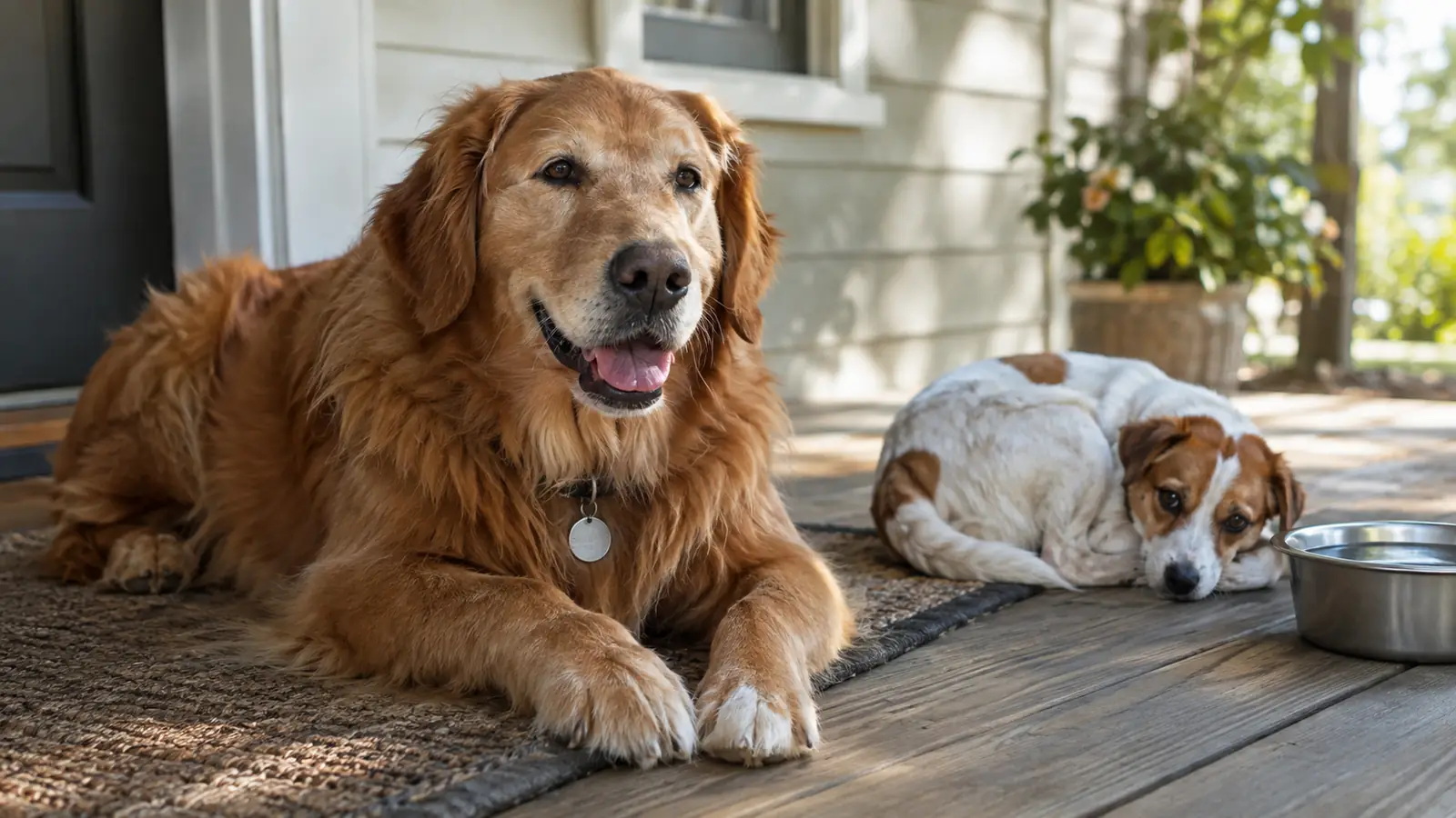 Two dogs resting on a porch after a walk, one on a mat and one beside a water bowl.