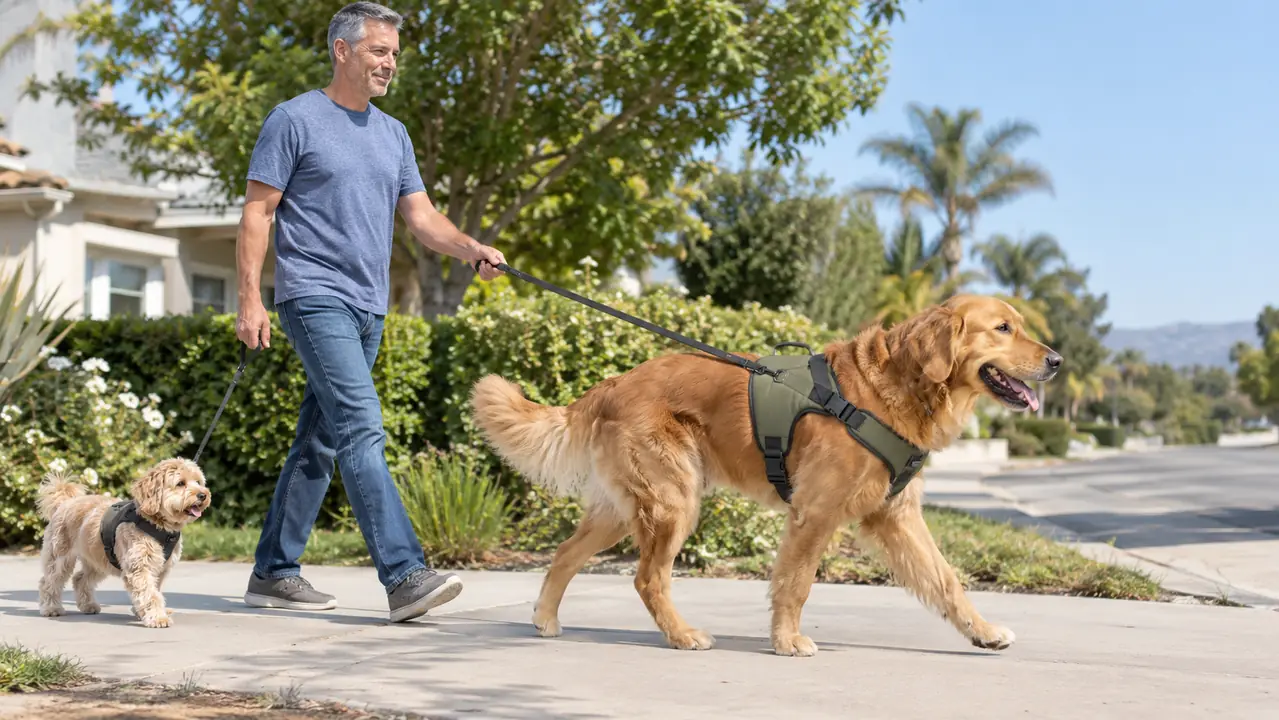 A large dog walking on a sidewalk wearing a padded harness with the leash clipped to the front