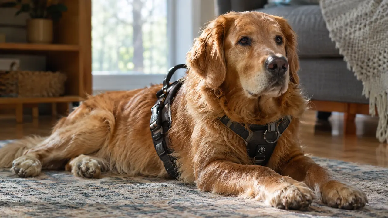 A large dog lying on a rug indoors after a walk, the harness still on, resting in afternoon light