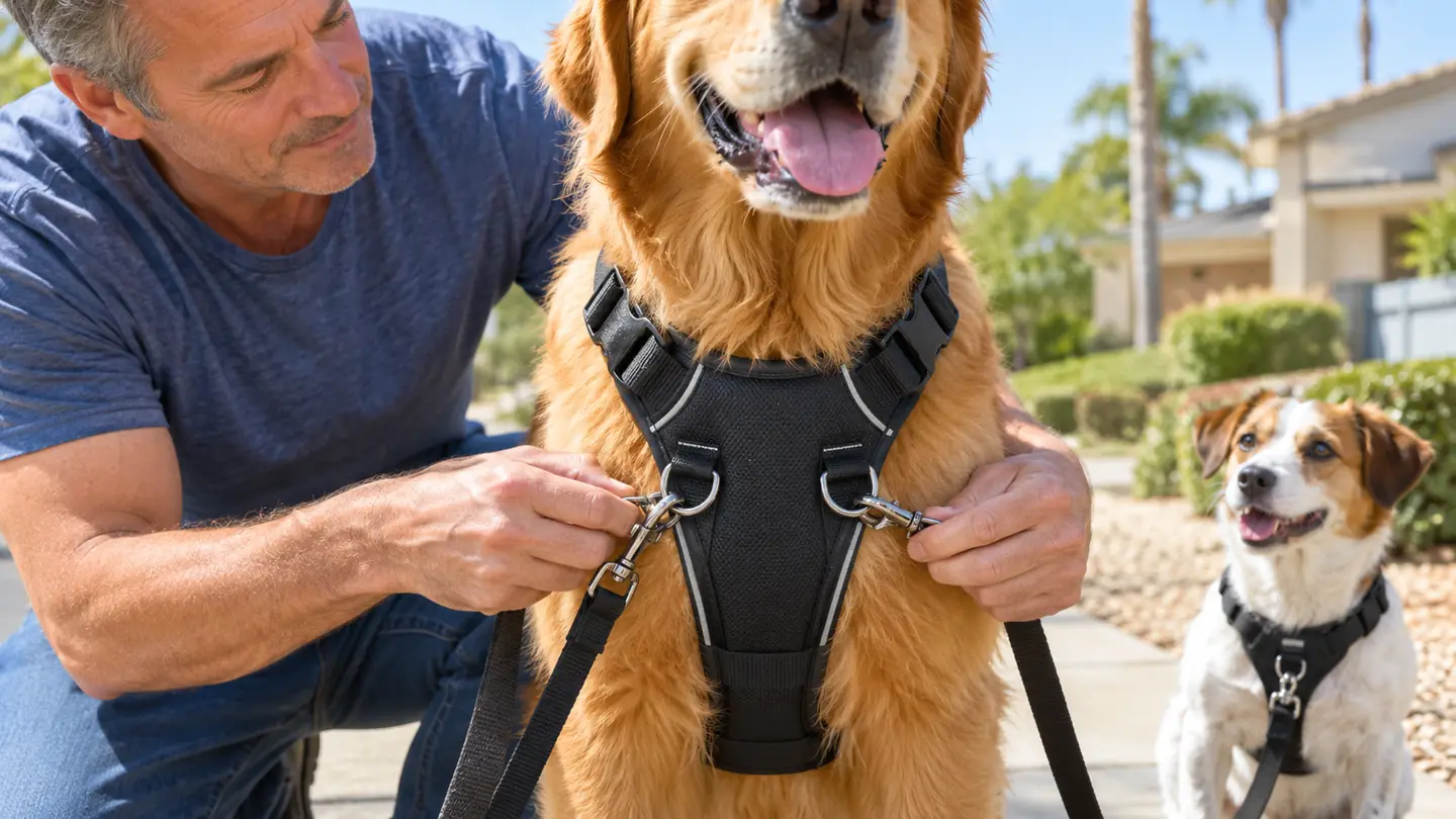 Close-up of a large dog's chest showing a front-clip harness with two leash attachment points